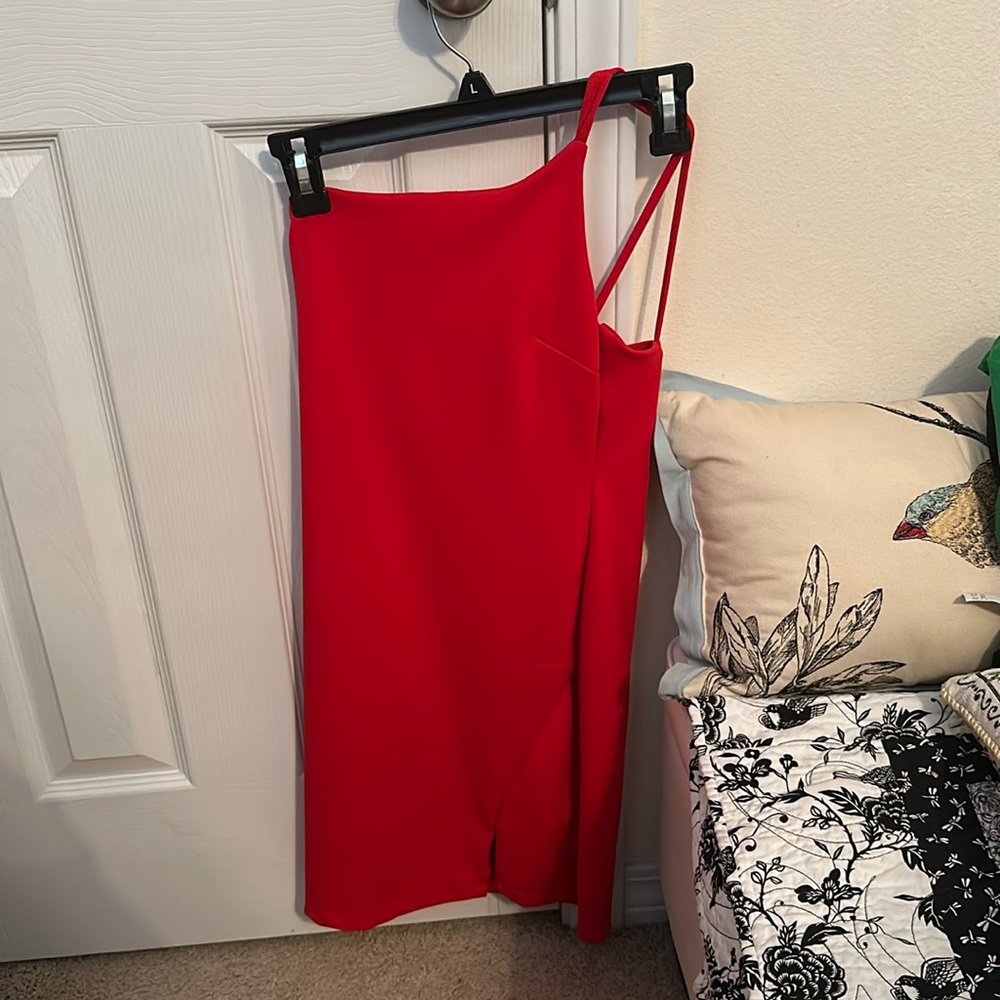Red one shoulder mini dress